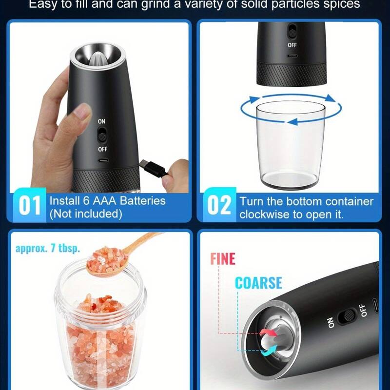 Gravity Electric Salt and Pepper Grinder Adjustable Coarseness USB Rechargeable One-Hand Operation - N/A