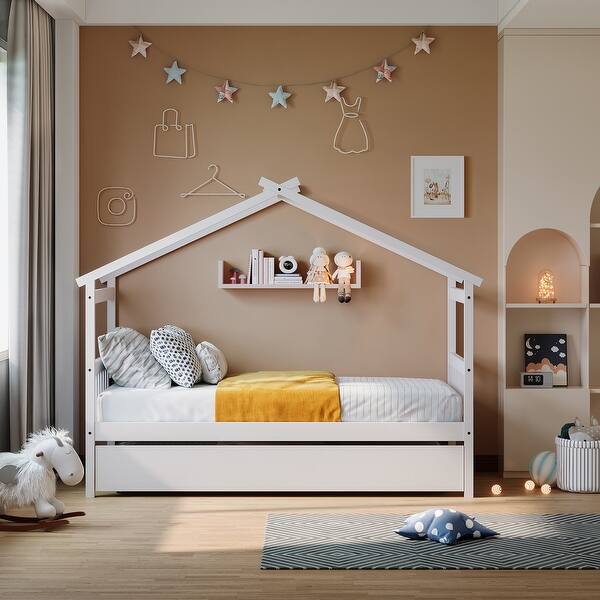 slide 2 of 12, White Twin House Bed with Trundle and Storage for Children's Bedroom White