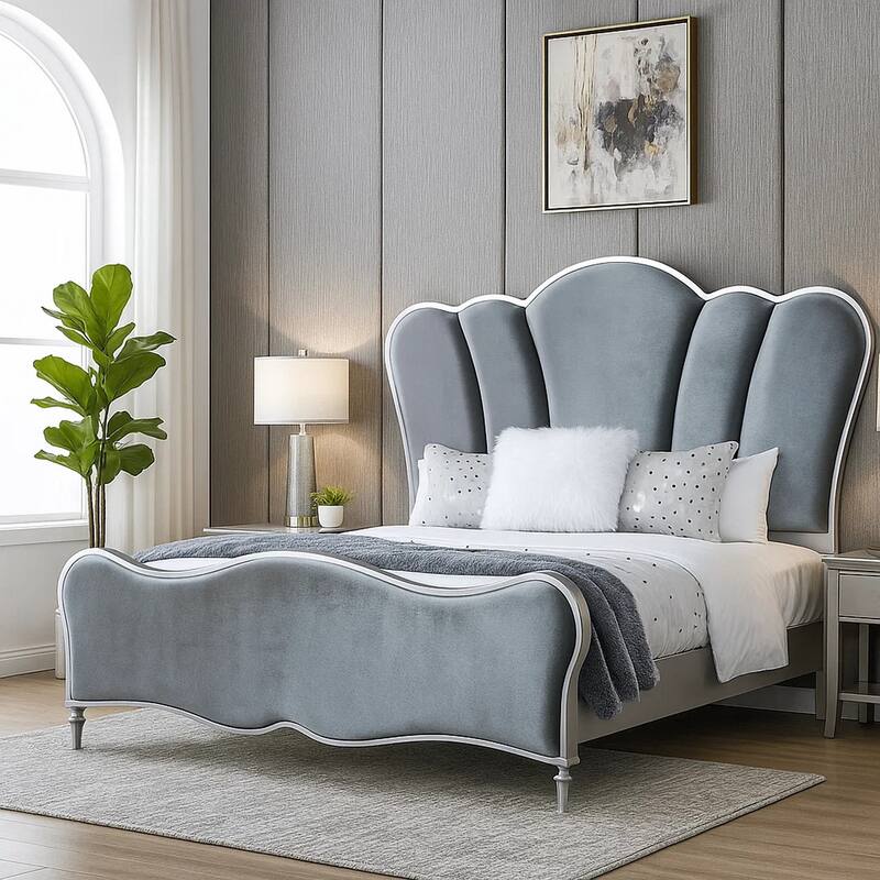 Eleena Queen Bed, Scalloped Padded Channel Tufting, Silver Upholstery