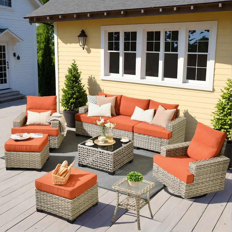 OVIOS 9 Pieces Wide Arm T shaped Seat Curved Swivel Chair Set With Solar-Powered Table - Orange/Red