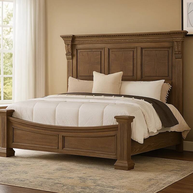 Reven King Bed, Weathered Oak, Solid Wood, Intricate Carved Details