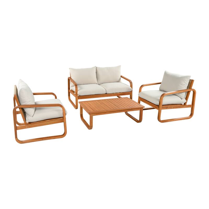 Christopher Knight Home - George 4-Piece Outdoor Acacia Wood Conversation Set with Plush Thick Cushions & Slatted Coffee Table