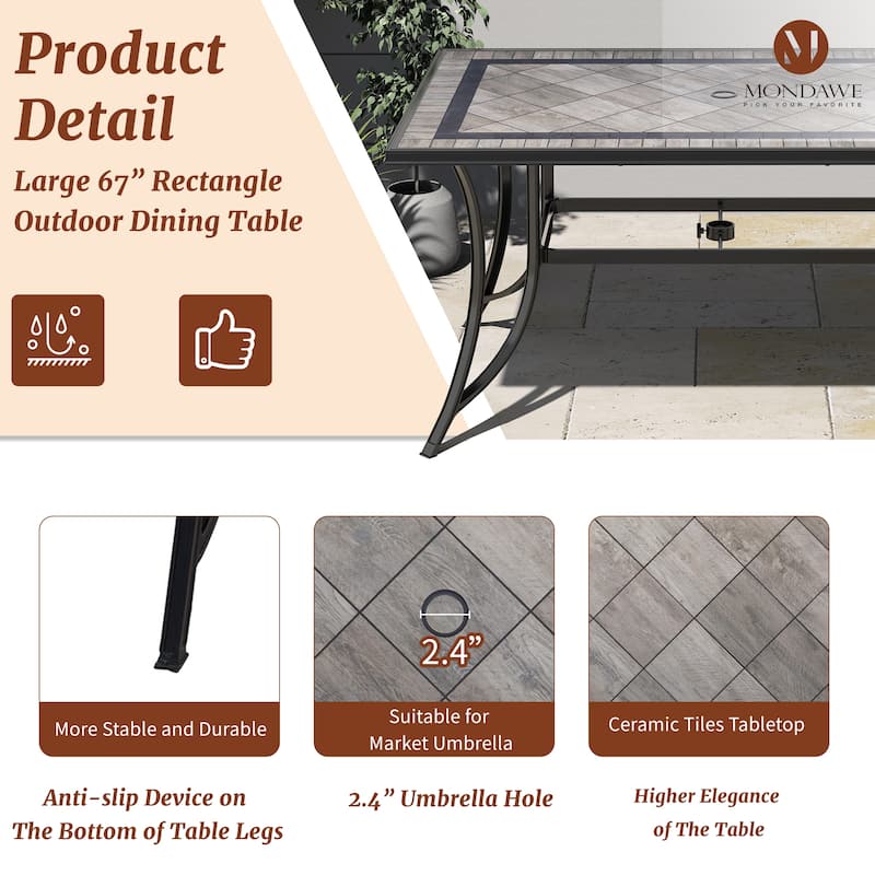 Aluminum Rectangle Patio Dining Table for 6 Seating Metal Steel Slat with Umbrella Hole