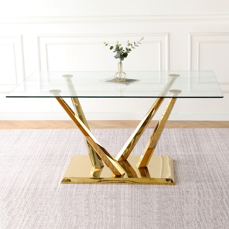 5-Piece Rectangular Dining Table Set for 4 Modern 63" Tempered Glass Kitchen Table with 4 Chairs, Luxury Dining Room Table Set
