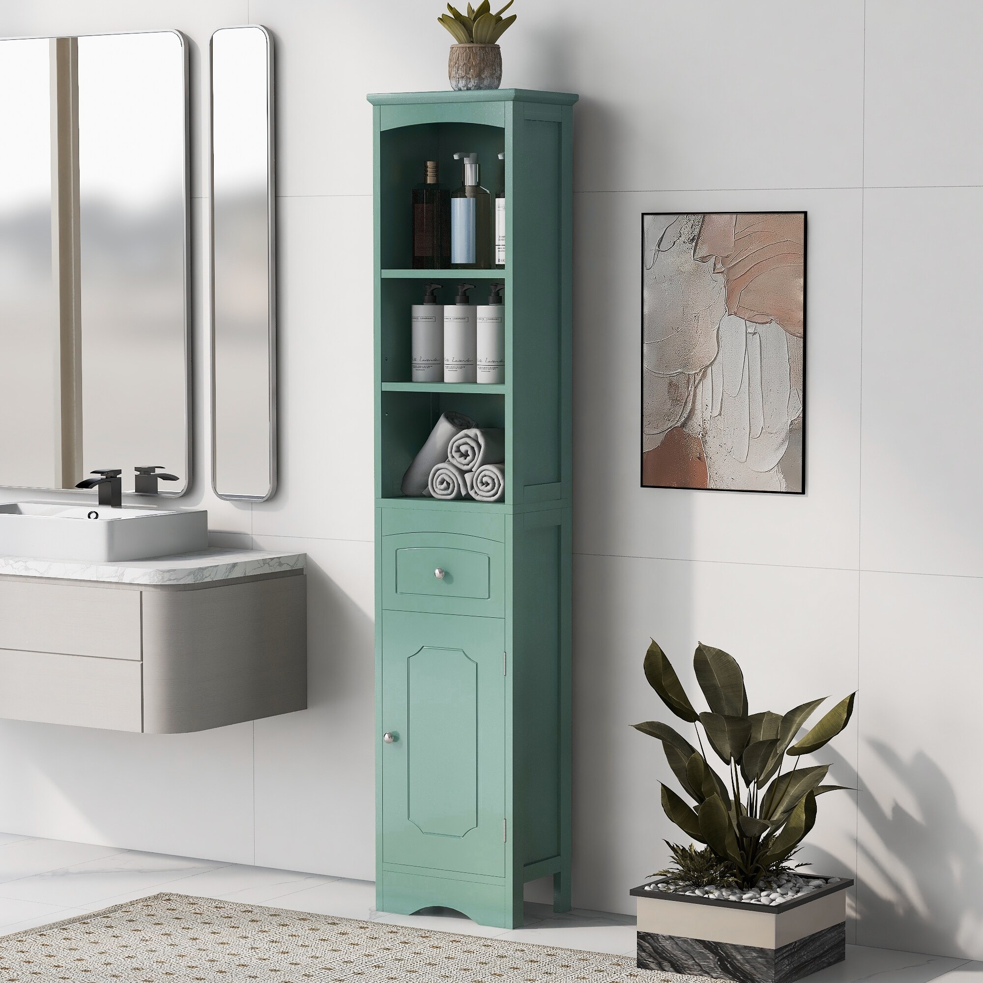 Tall Bathroom Storage Cabinet with Groove Pattern Drawer Kitchen