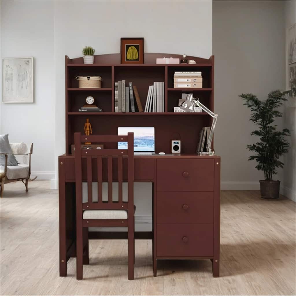40" Executive Desk and Upholstered Chair Set with Bookshelf,Drawers