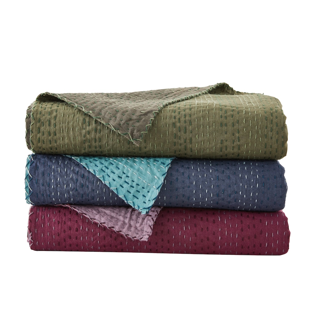 Melange Hand Craft Kantha Collection Soild Reversible Coverlet and Sham