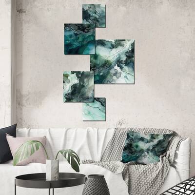 Designart "Green Blue Marbled Dreamscape III" Modern Geometric Metal Art Print Set