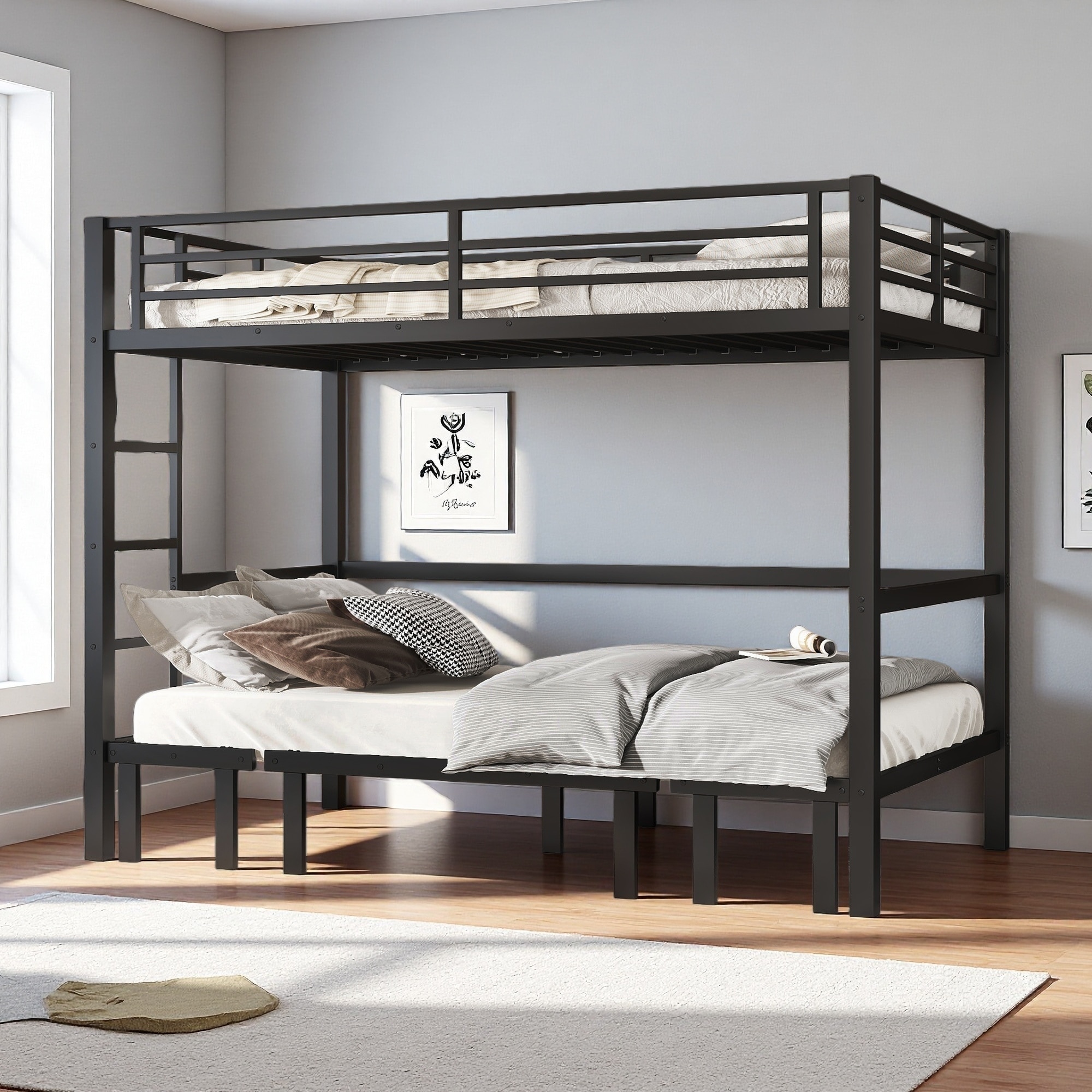 Twin XL over Twin XL Metal Bunk Bed with Pull-Out Lower Bunk, Safety Rails, and Noise-Reducing Design