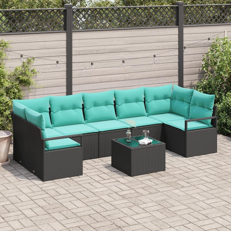vidaXL 8 Garden Sofa Set with Cushions Black/Brown/Grey Poly Rattan - 113.8 x 48 x 27.2 - Black