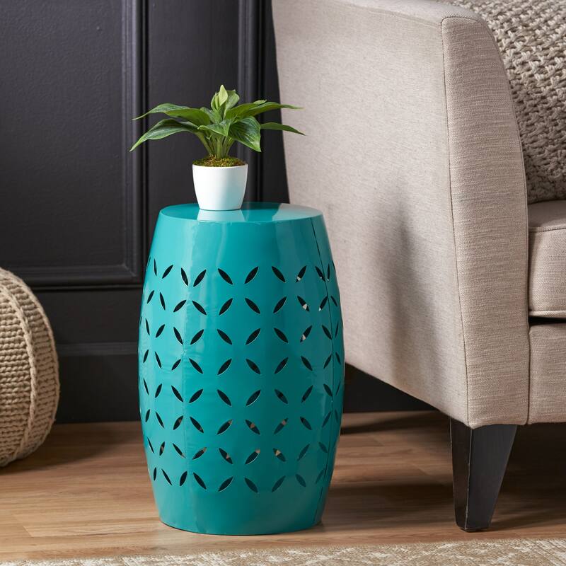 12.25" Modern Round Side Table with Barrel Structure and Iron-cut Design for Living Room or Bedroom