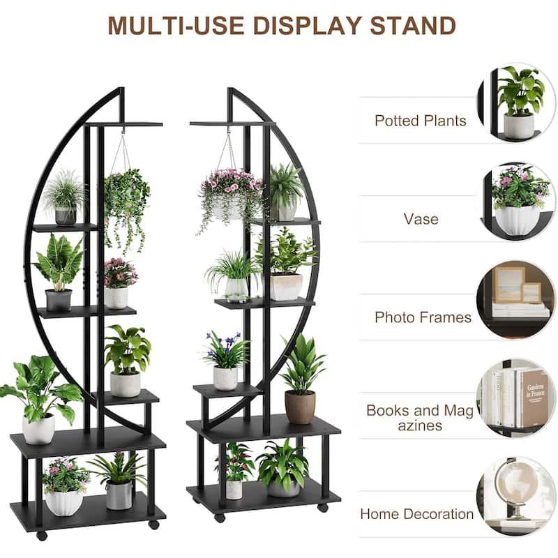 6 Tier Indoor Tall Plant Stand Metal Plant Stand with Detachable Wheels Half Moon Shape Plant Stands