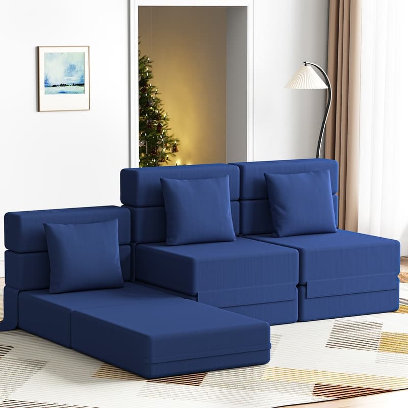 Corduroy Compression Convertible Folding Sectional Sofas (Set of 3) - Navy Corduroy
