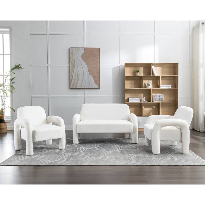 SEYNAR Mid-Century Modern Boucle 51'' Solid Wood Curved Sofa Set of 3 with Accent chair