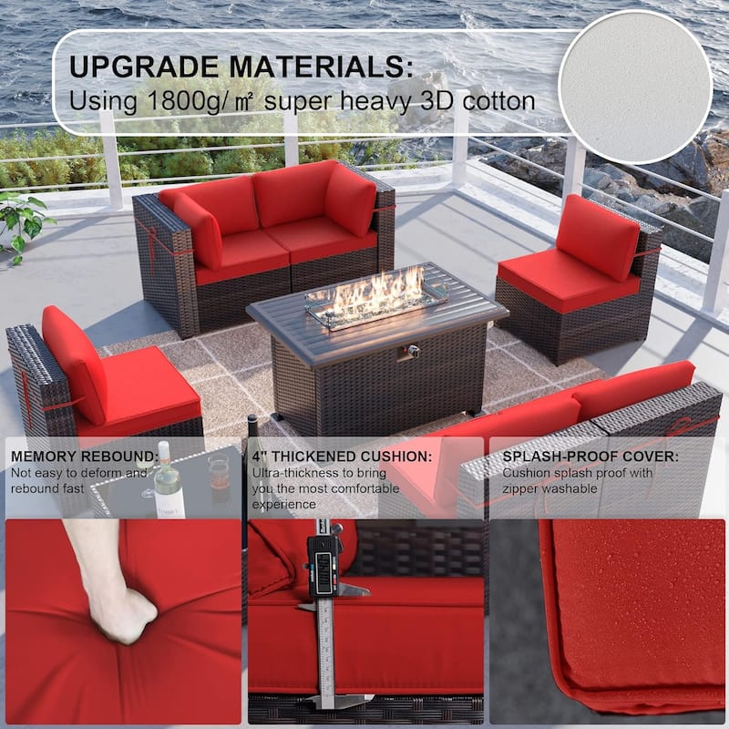 8 Pieces Outdoor Patio Furniture Set, All Weather PE Wicker Sectional Conversion Sofa set w/ Firepit Table