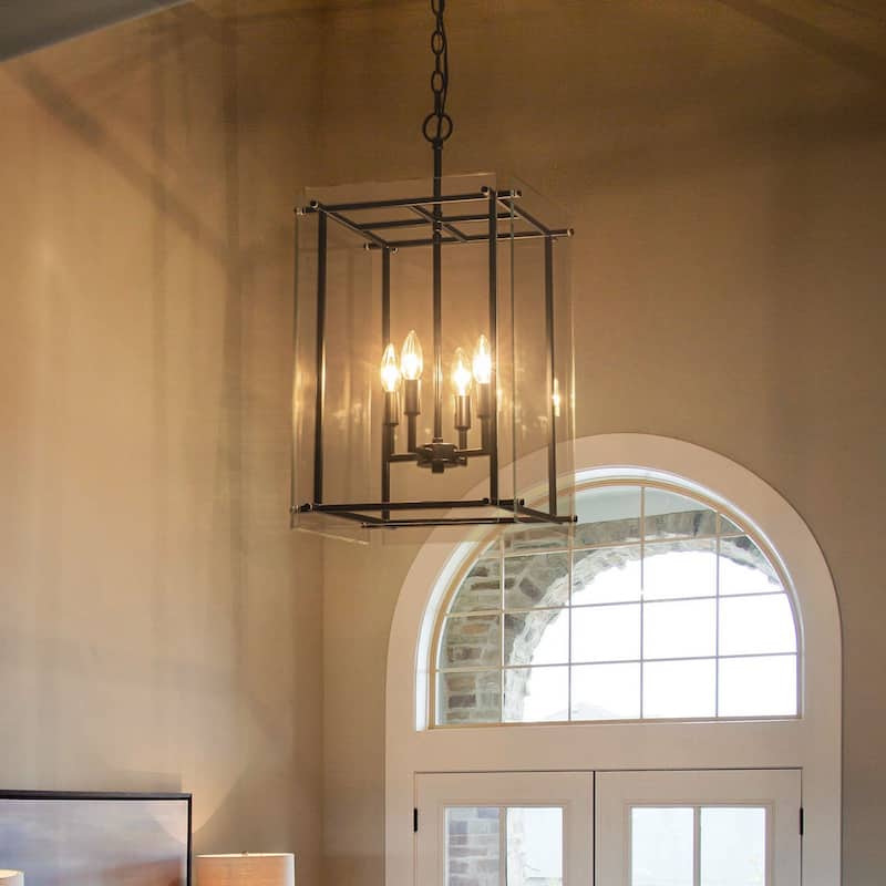 Farmhouse 4-Light Lantern Glass Chandelier - Black