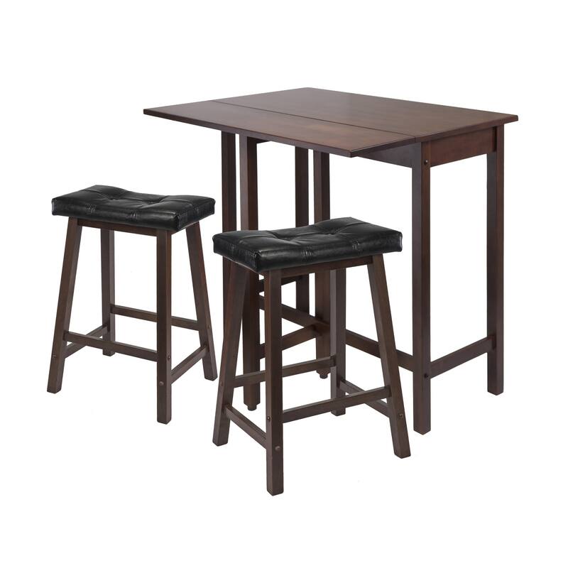 Space Saving 3 Pc Dining Table Set with Drop Leaf and Cushioned Bar Stools - 39.37 x 30 x 35.43 inches