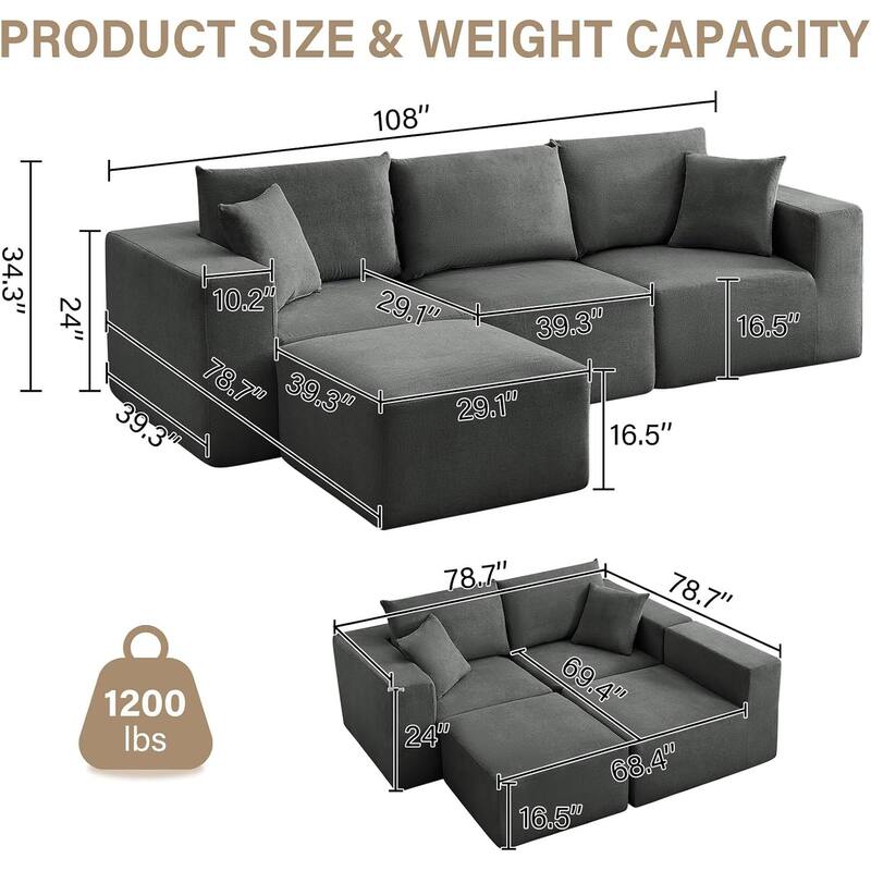 108'' Oversized Cloud Modular Sectional Sofa, Deep Seat Chenille Couch with Chaise