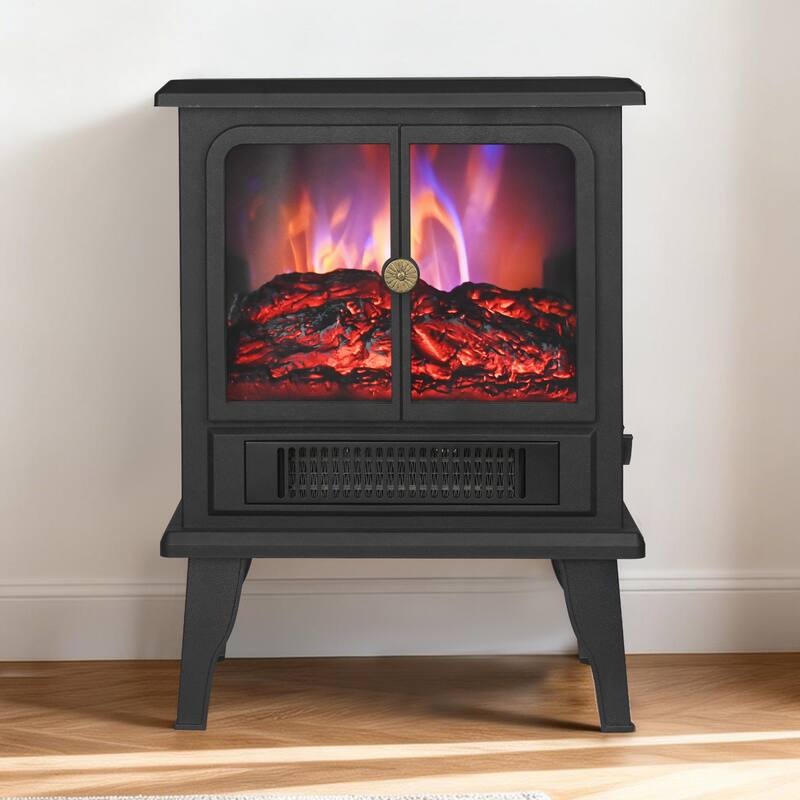 1500W Freestanding Electric Stove Fireplace Heater with Realistic Flame and Overheat protection - 14" L x 8.11" W x 18.9" H