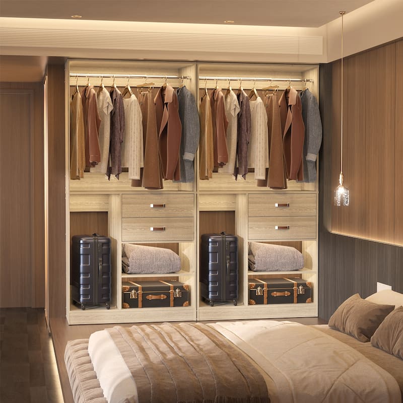 Set of 2 Freestanding Closet Organizer with Hanging Rods and Drawers, Closet System for Walk-in Closet - Washed Oak