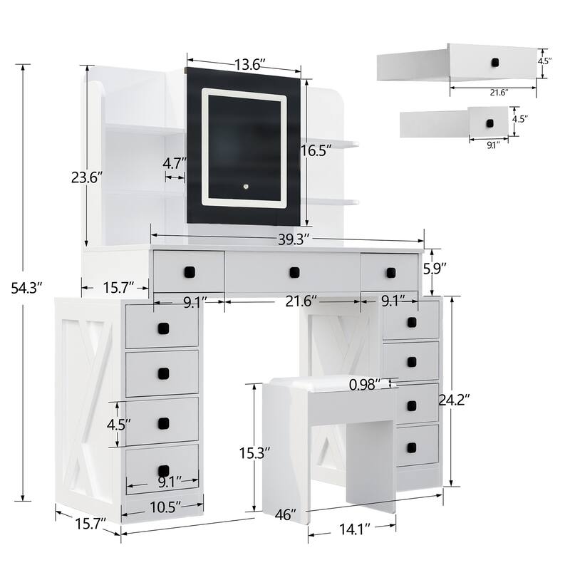White Makeup Vanity Desk with Stool and Charging Station, 11 Drawers Dressing Table with Sliding LED Mirror