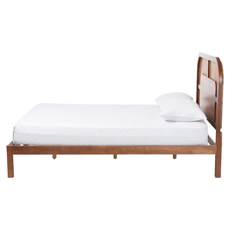 Raewyn Wood Platform Bed - Low Profile Bed Frame with Decorative Rattan Weave Inlay and Rounded Headboard, Queen