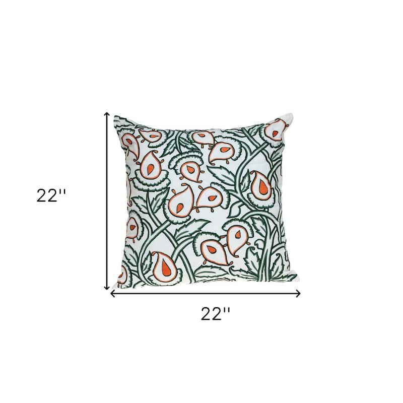 HomeRoots 22" Green and White Cotton Throw Pillow with Embroidery