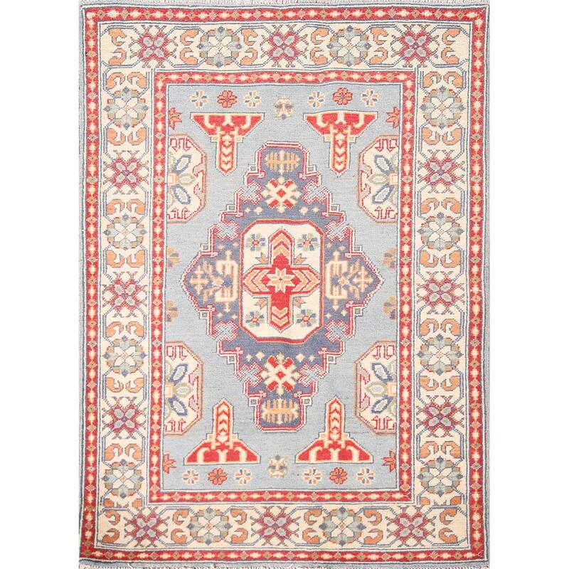 Light Blue Geometric Kazak Oriental Rug Handmade Wool Carpet - 3'2"x 4'8"