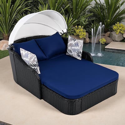 79.9" Outdoor Patio PE Rattan Daybed Sunbed with Adjustable Canopy