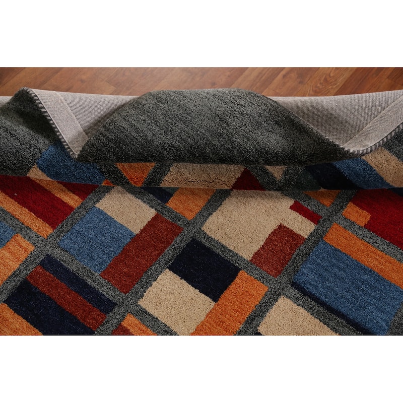 Geometric Grey Modern Indian Area Rug Handmade Wool Carpet - 5'3" x 7'7"