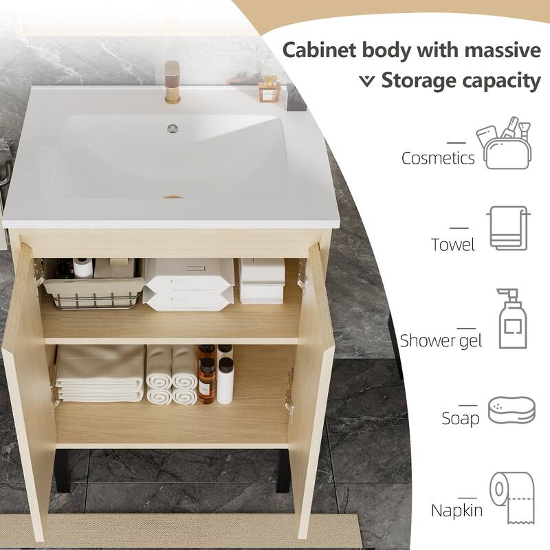 GDFStudio - Ari Modern Aesthetic Freestanding Bathroom Vanity with Ceramic Sink, Soft Close Drawers & Large Storage Spaces
