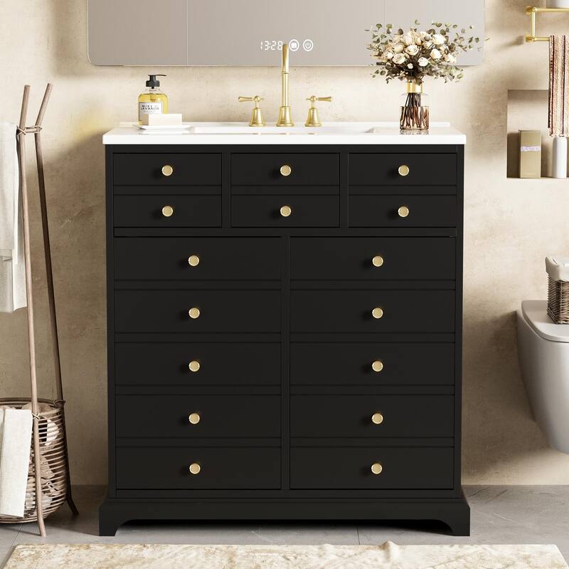 Bathroom Vanity with Ceramic Sink Combo,Solid Wood Frame,Freestanding Vanity Set with 2 Drawers& Soft Closing Doors - Black