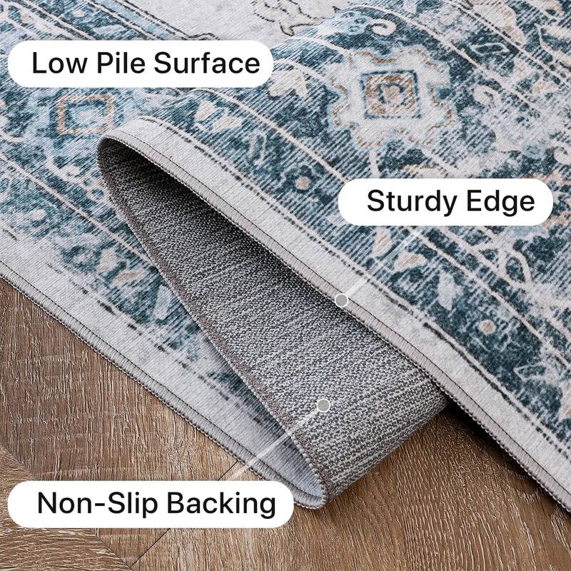 Mcow Neutral Floral Low Pile Machine Washable Non-Slip Area Rug