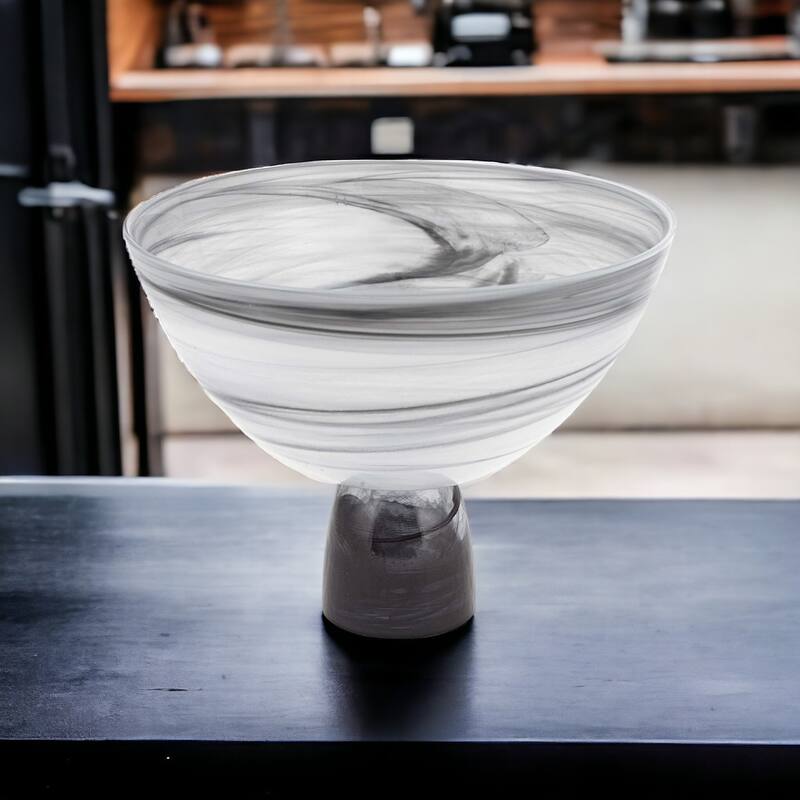 HomeRoots 10" Black and Gray Swirl Mouth Blown Glass Footed Centerpiece Bowl