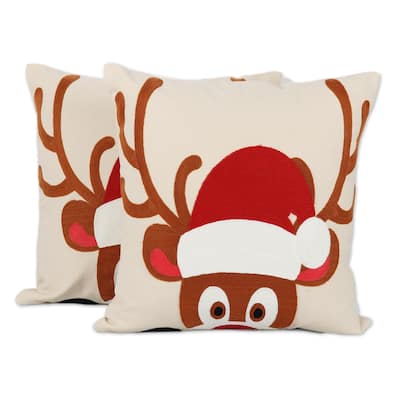 Novica Handmade Whimsical Reindeer Cotton Cushion Covers (Pair)