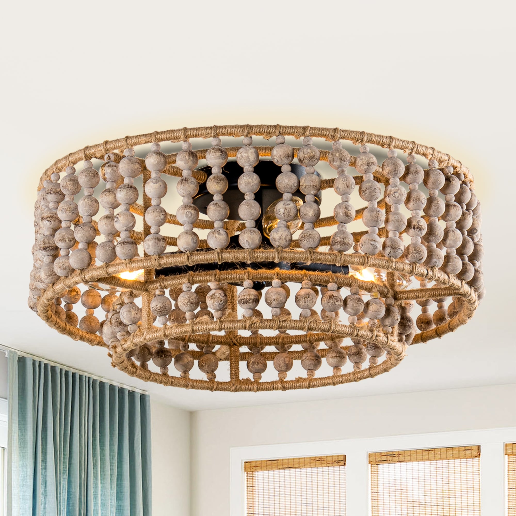 Bohemia 3-Light Antique White Two-Tier Hand-Beaded Drum Flush Mount Ceiling Light - 15.75" W x 6.7" H