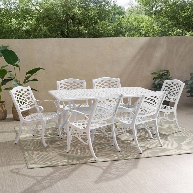 Monterey 7-Piece White Aluminum Outdoor Dining Set with Floral Lattice Table