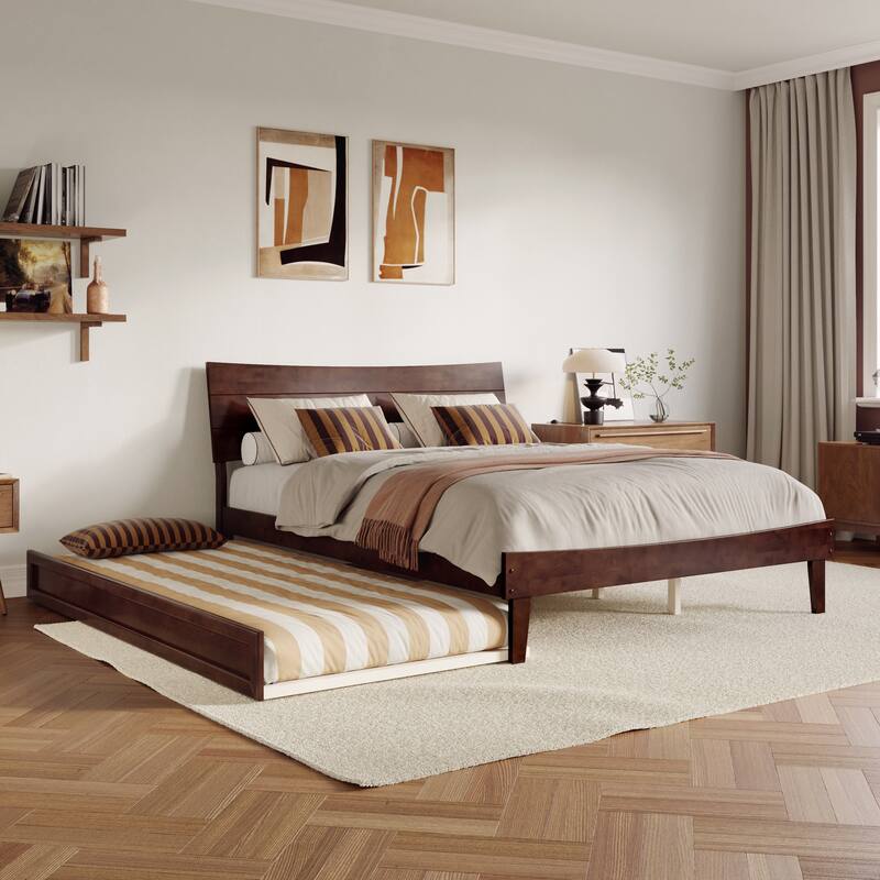 Phoenix Wood Platform Bed with Trundle - Walnut - Queen