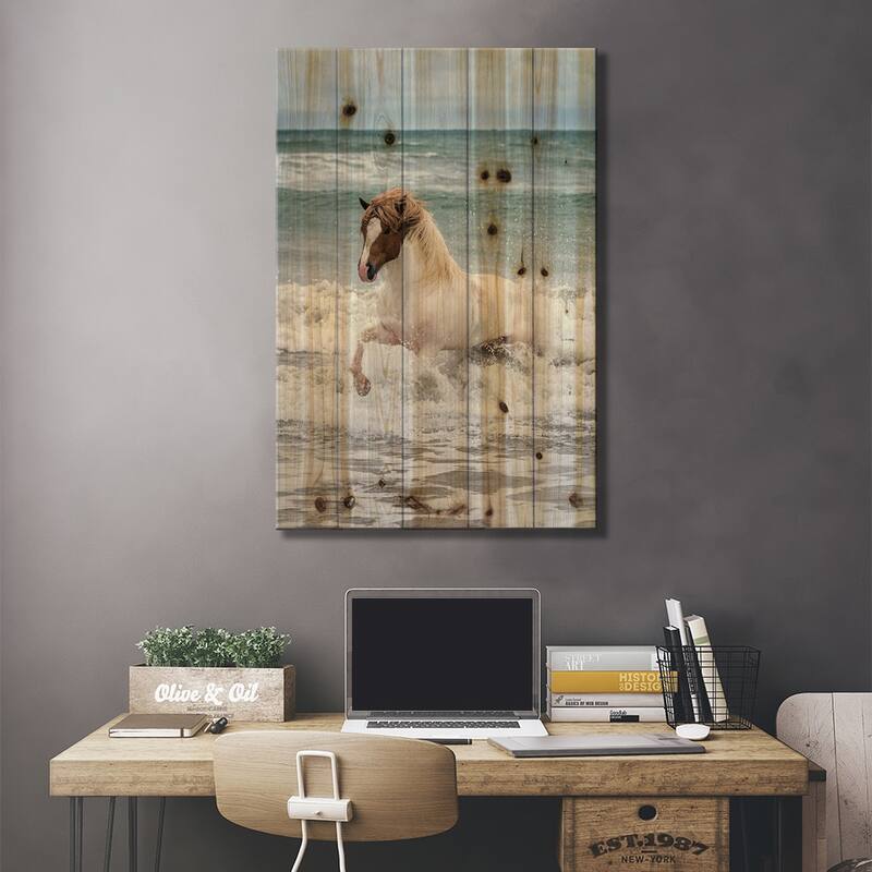 Icelandic Horse In The Sea, Longufjorur Beach, Snaefellsnes Peninsula, Vesturland, Iceland Print On Wood by Panoramic Images