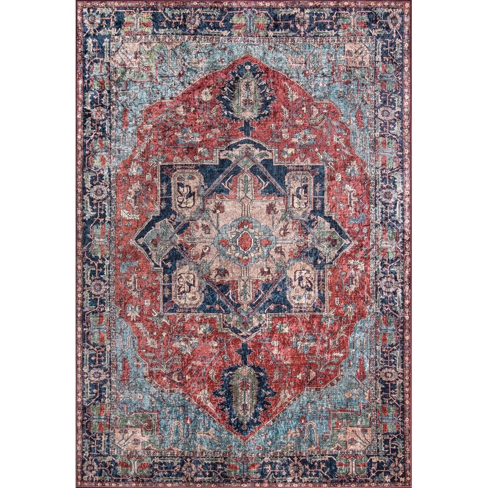 Momeni Karachi Distressed Red/ Navy Medallion Polyester Area Rug