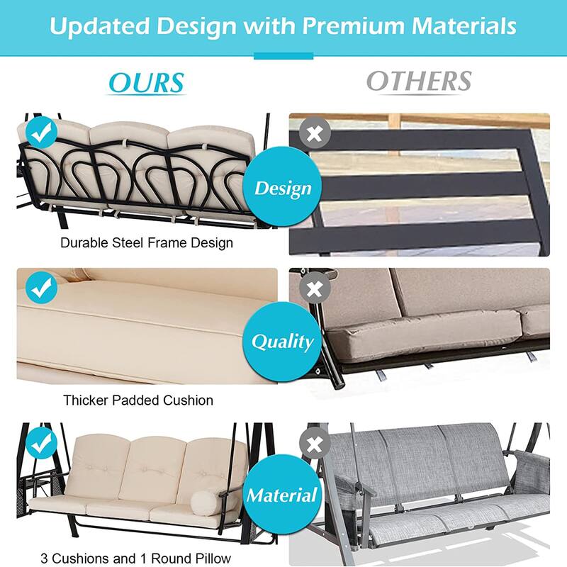 AECOJOY 3-Seat Porch Swing Chair, Patio Swing Chair w/ Cushions