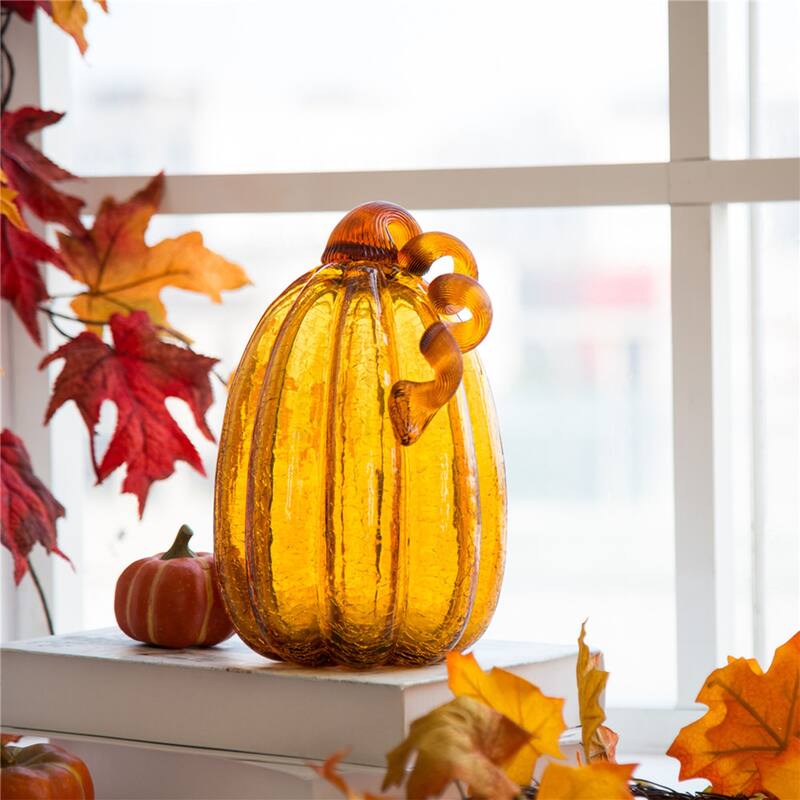 Glitzhome Amber Crackle Handblown Glass Pumpkins for Fall Harvest Decorating