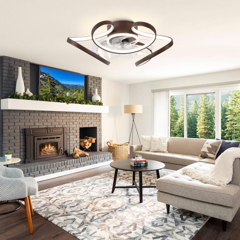 Oaks Aura 22"Futuristic Black Modern Flush Mount Ceiling Fan with Light, Low Profile 6-Speed Smart APP Ceiling Fan With Remote