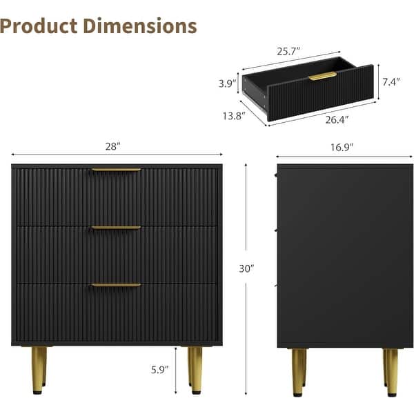 dimension image slide 1 of 15, Modern Natural Wood Color Fluted Dresser, Wooden Chest with Gold Metal Handles & Legs