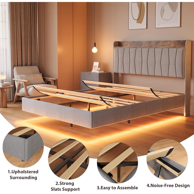 Floating Upholstered Bed Frame with LED Lights, USB Charging Station, Solid Slats, Easy Assembly