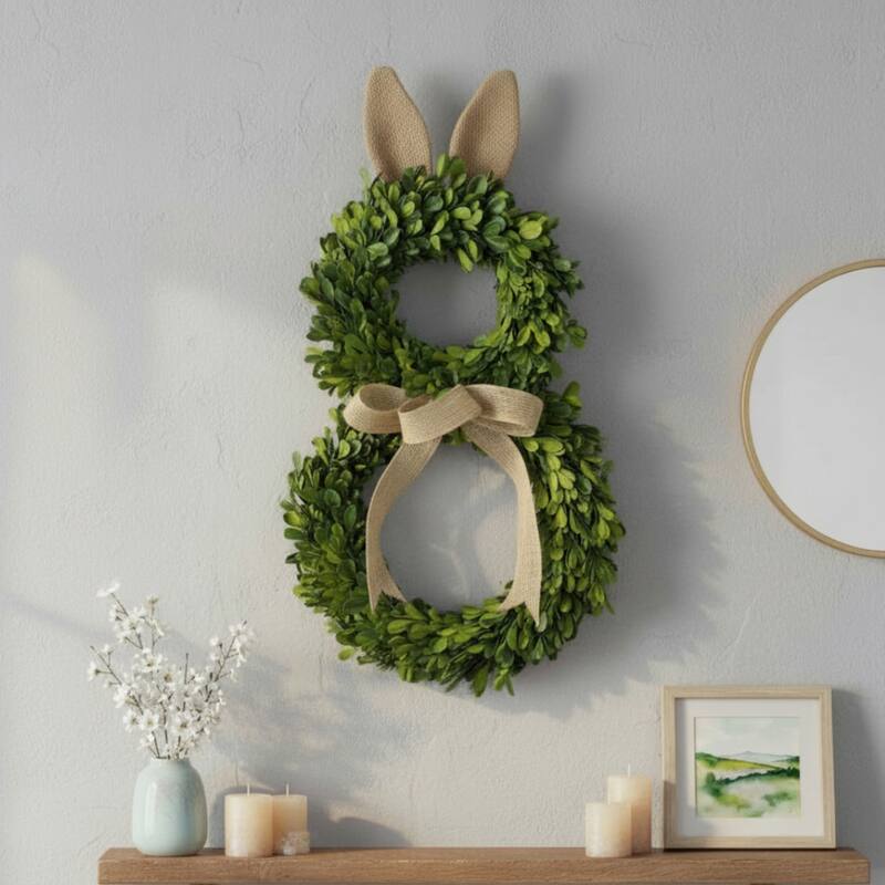 18" Bunny Shaped Preserved Boxwood Easter Spring Wreath - Green