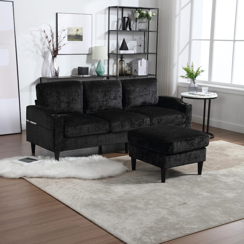 Modular Sectional Sofa with Storage Ottoman, Comfy Chenille Fabric Sofa, 3-Seater Sofa with Side Pockets & 2 Cup Holders