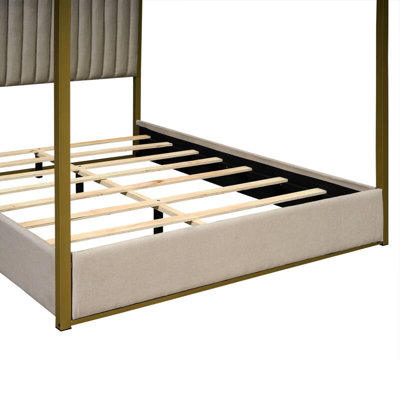 Queen Upholstered Canopy Bed with Headboard, Metal Frame, and Linen Upholstery, 4-Poster Modern Design, Easy Assembly