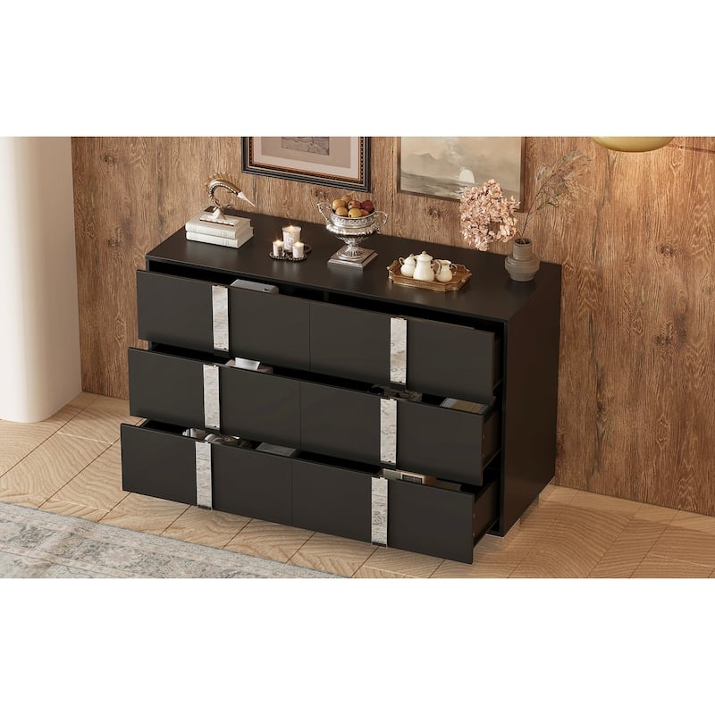 Elegant Modern Dresser With Metal Handle,Mirrored Storage Cabinet With 6 Drawers