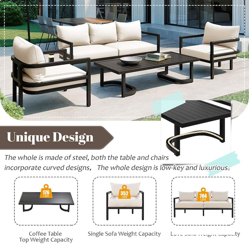 All Weather Steel Outdoor Furniture Set, 4 Seats Patio Conversation Sofa Sets with Coffee Table and Removable Cushions